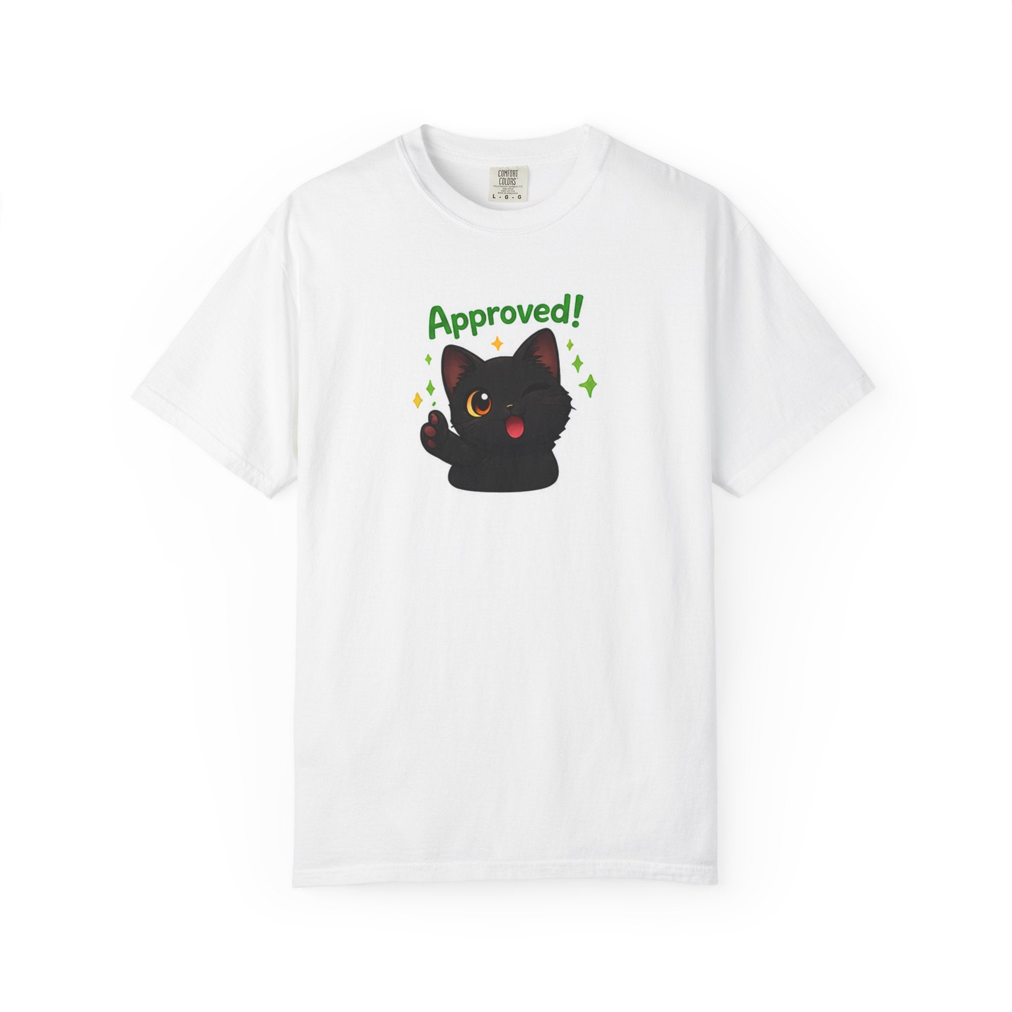 Black cat T-shirt from Printify featuring a cute cat design, made of soft fabric, displayed on a plain background.