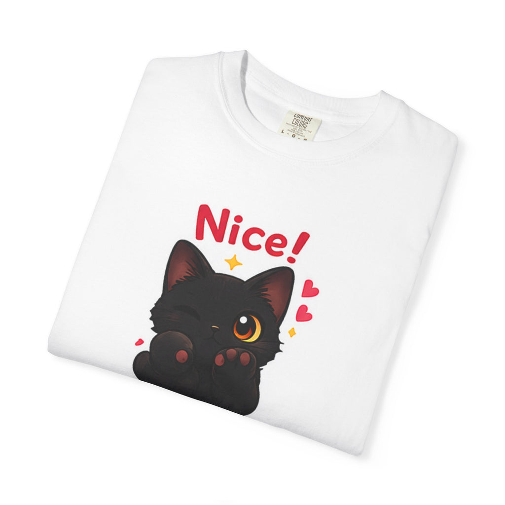 Black cat winking graphic T-shirt by Printify featuring a playful design on a black fabric background.