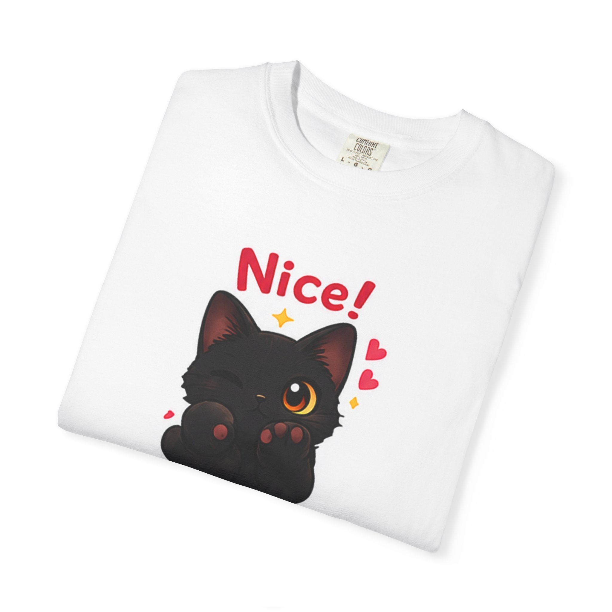 Black cat winking graphic T-shirt by Printify featuring a playful design on a black fabric background.
