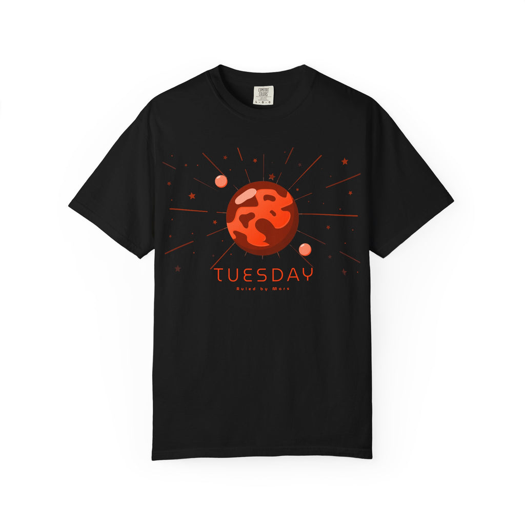 Tuesday ruled by Mars T-shirt by Printify featuring a bold Mars symbol and vibrant graphic design on a comfortable cotton tee.