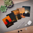 Set of 5 motivational greeting cards with inspiring quotes, printed on paper by Printify, featuring colorful and uplifting designs.