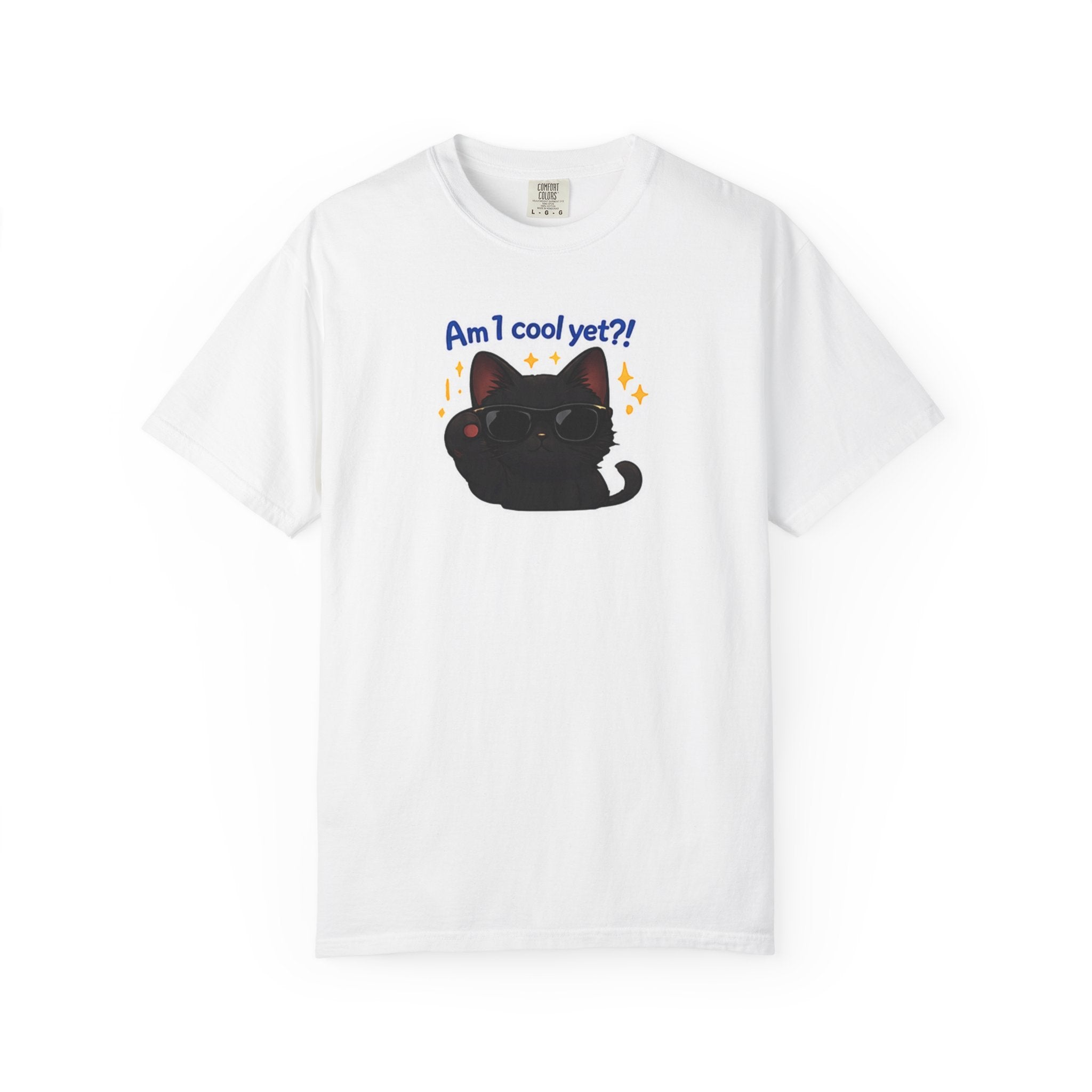 Black cat T-shirt featuring "Am I Cool Yet?" print, casual unisex style by Printify, with a playful design on the front.