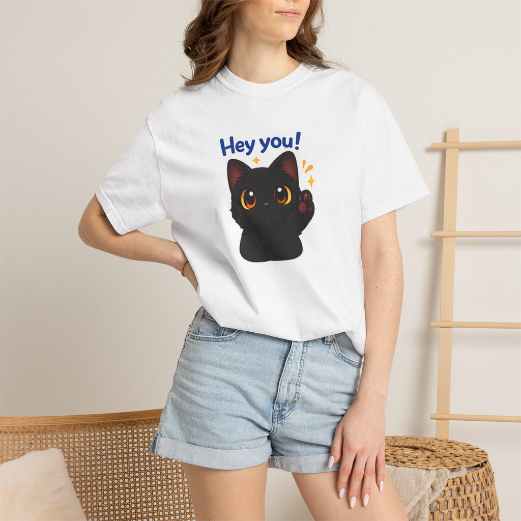 Black Cat T-Shirt by Printify featuring a playful cat graphic on a black cotton tee, casual and stylish for everyday wear.