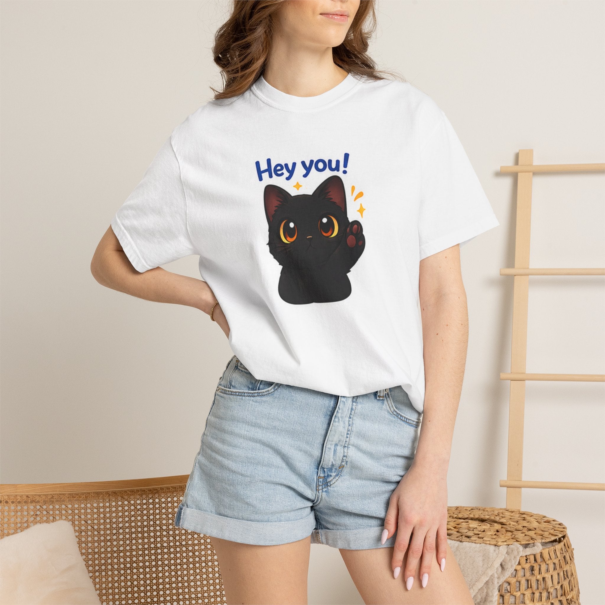 Black Cat T-Shirt by Printify featuring a playful cat graphic on a black cotton tee, casual and stylish for everyday wear.