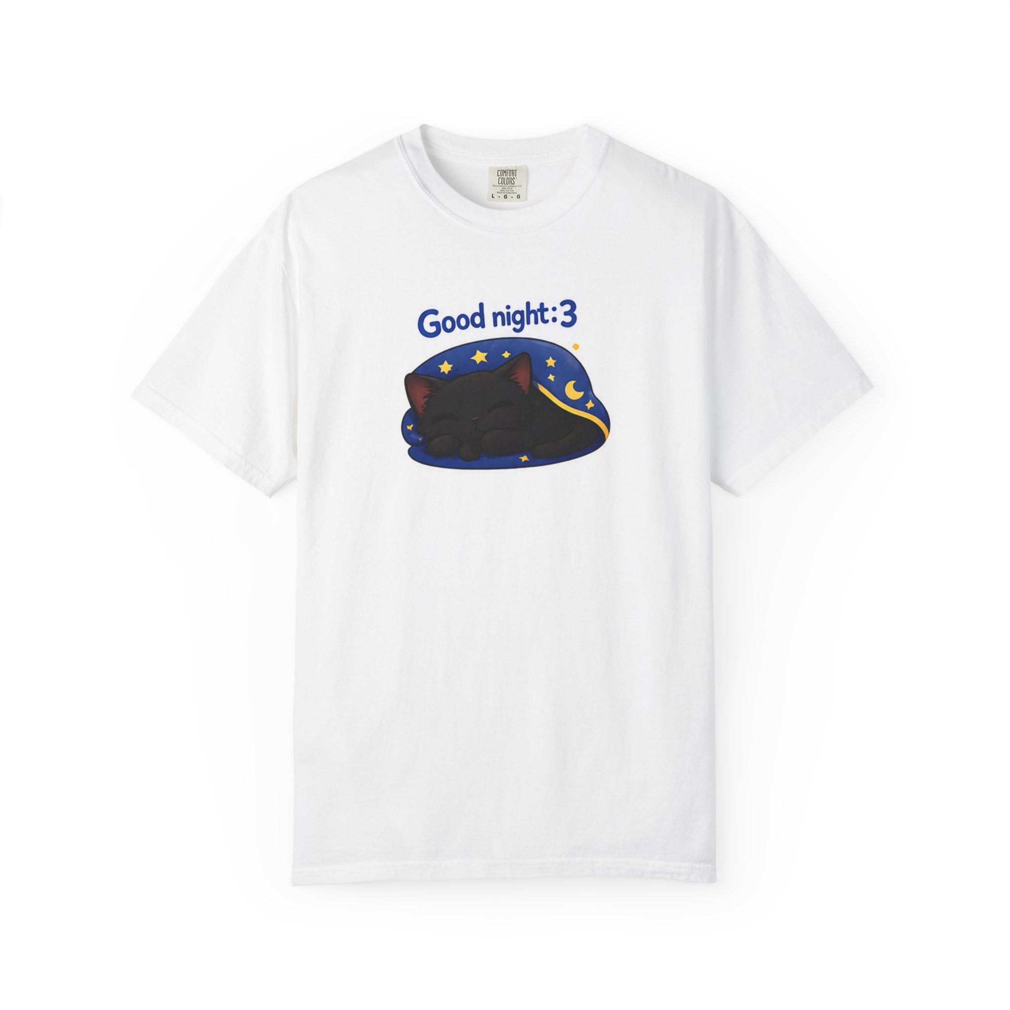 Black cat graphic T-shirt by Printify featuring a cute "Good Night!" design on a dark fabric.