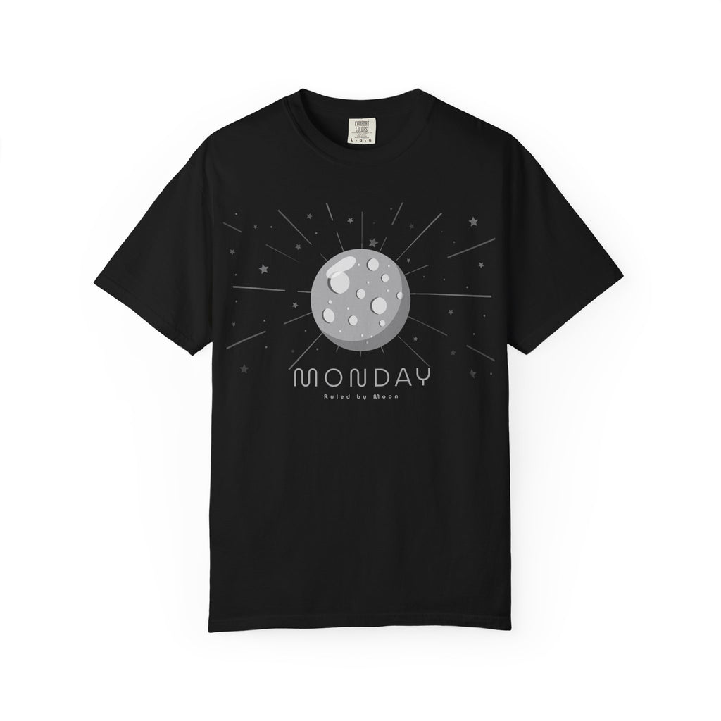 Monday ruled by Moon T-shirt by Printify featuring a celestial moon design on a casual black T-shirt.
