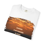 Black T-shirt with the phrase "Gravitation is not responsible for people falling in love" printed in white, casual style.