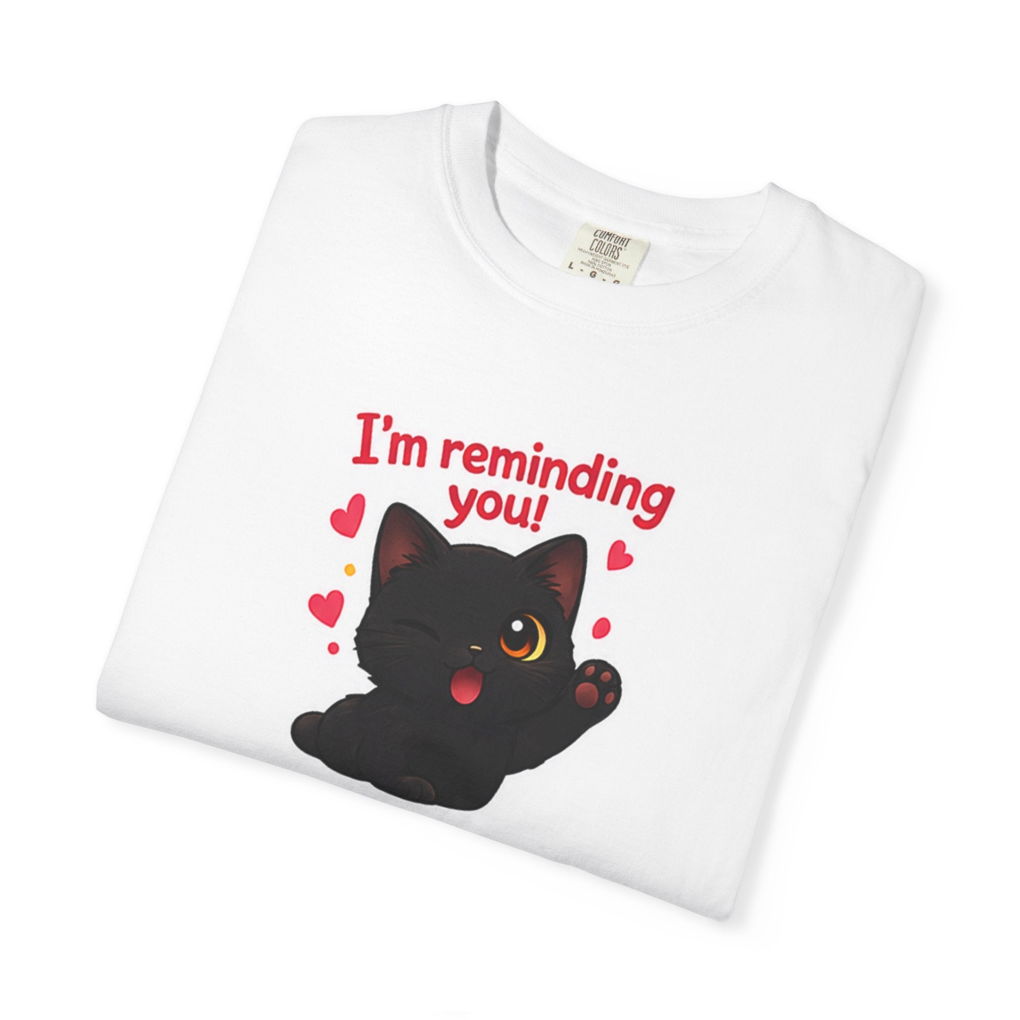 Black kitten graphic T-shirt by Printify featuring a cute kitten and the message "I'm Reminding You" on the front.