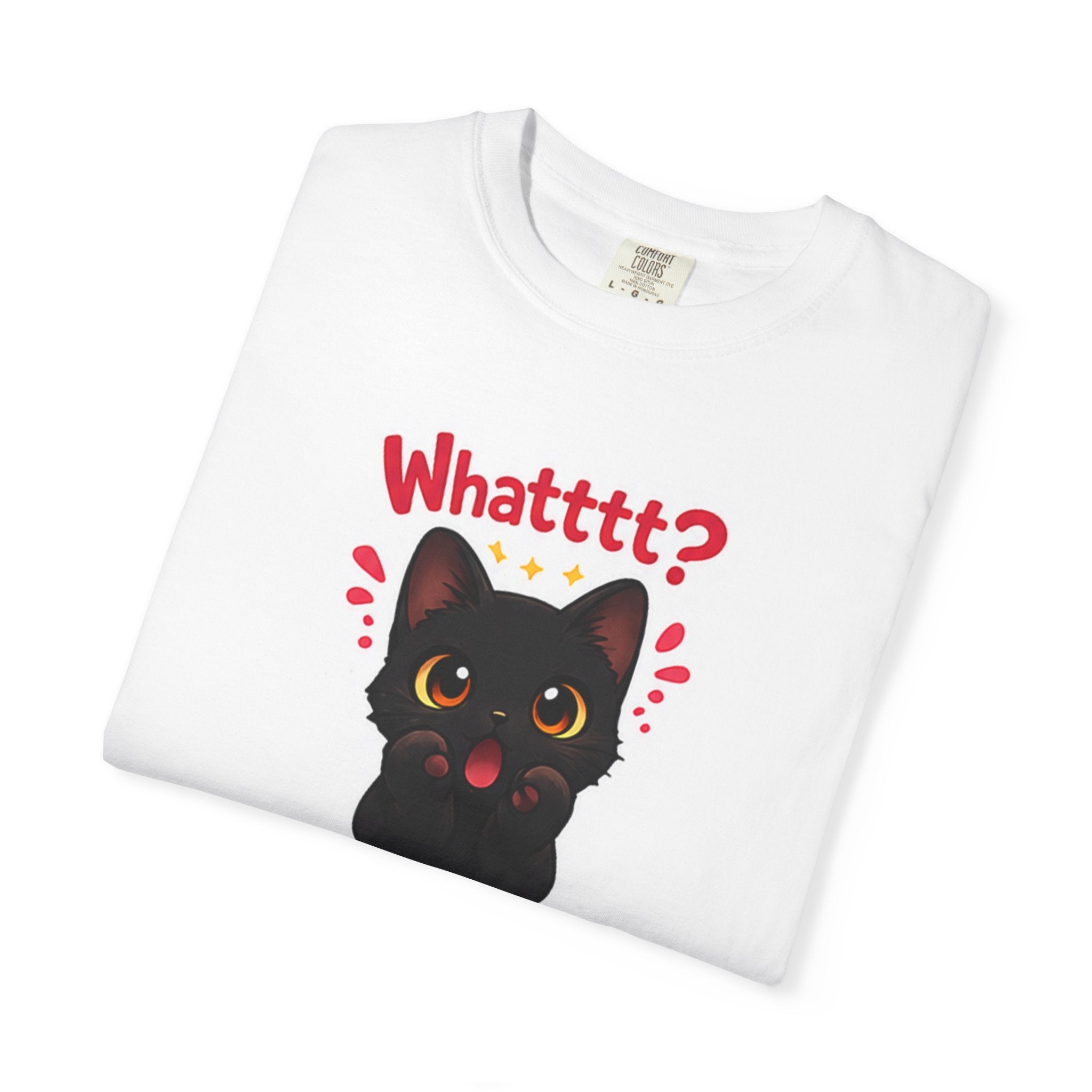 Black cat graphic T-shirt featuring a cute kawaii-style cat design, made by Printify, on a comfortable casual tee.