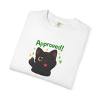 Black cat graphic T-shirt by Printify featuring a cute black cat design on a casual black cotton T-shirt.