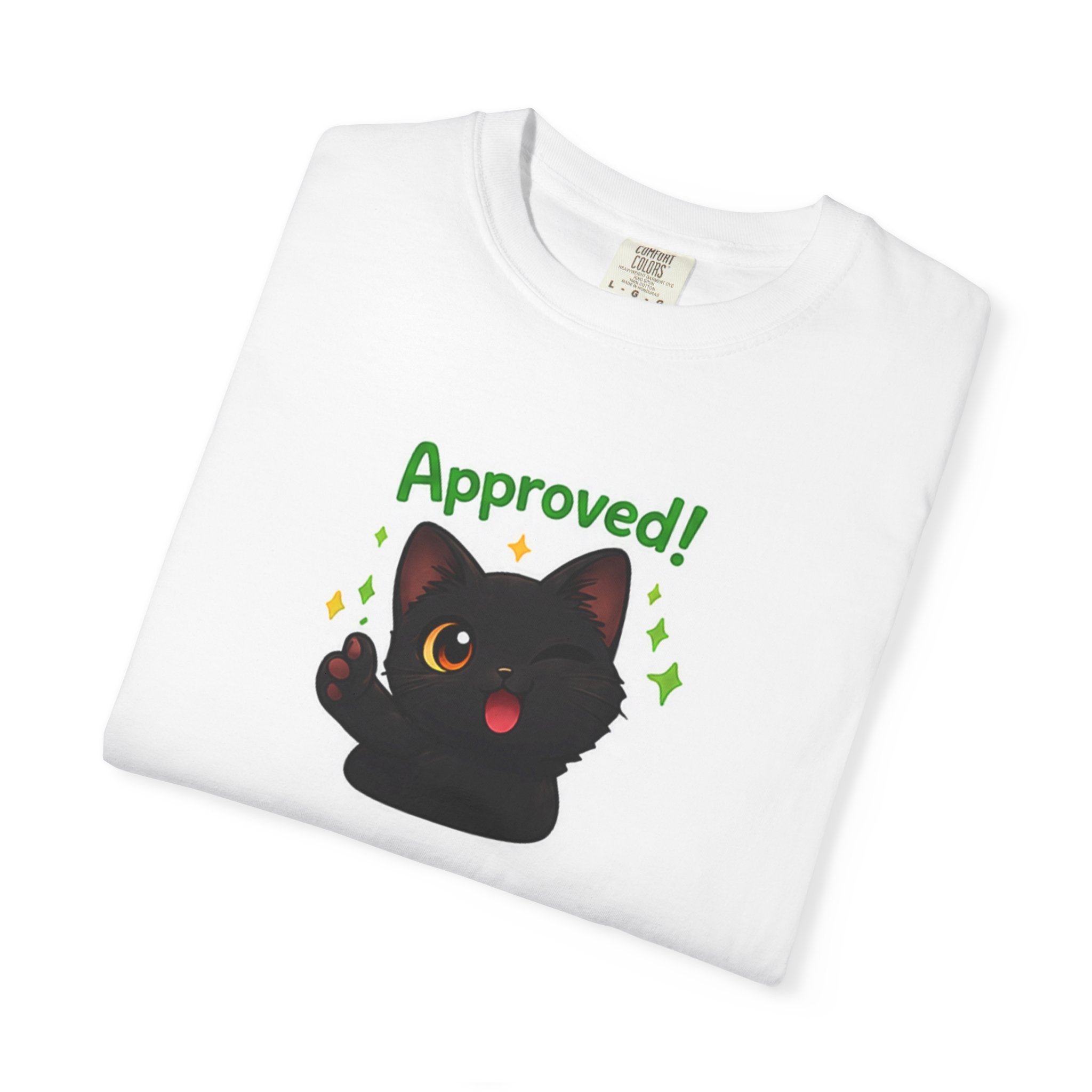 Black cat graphic T-shirt by Printify featuring a cute black cat design on a casual black cotton T-shirt.