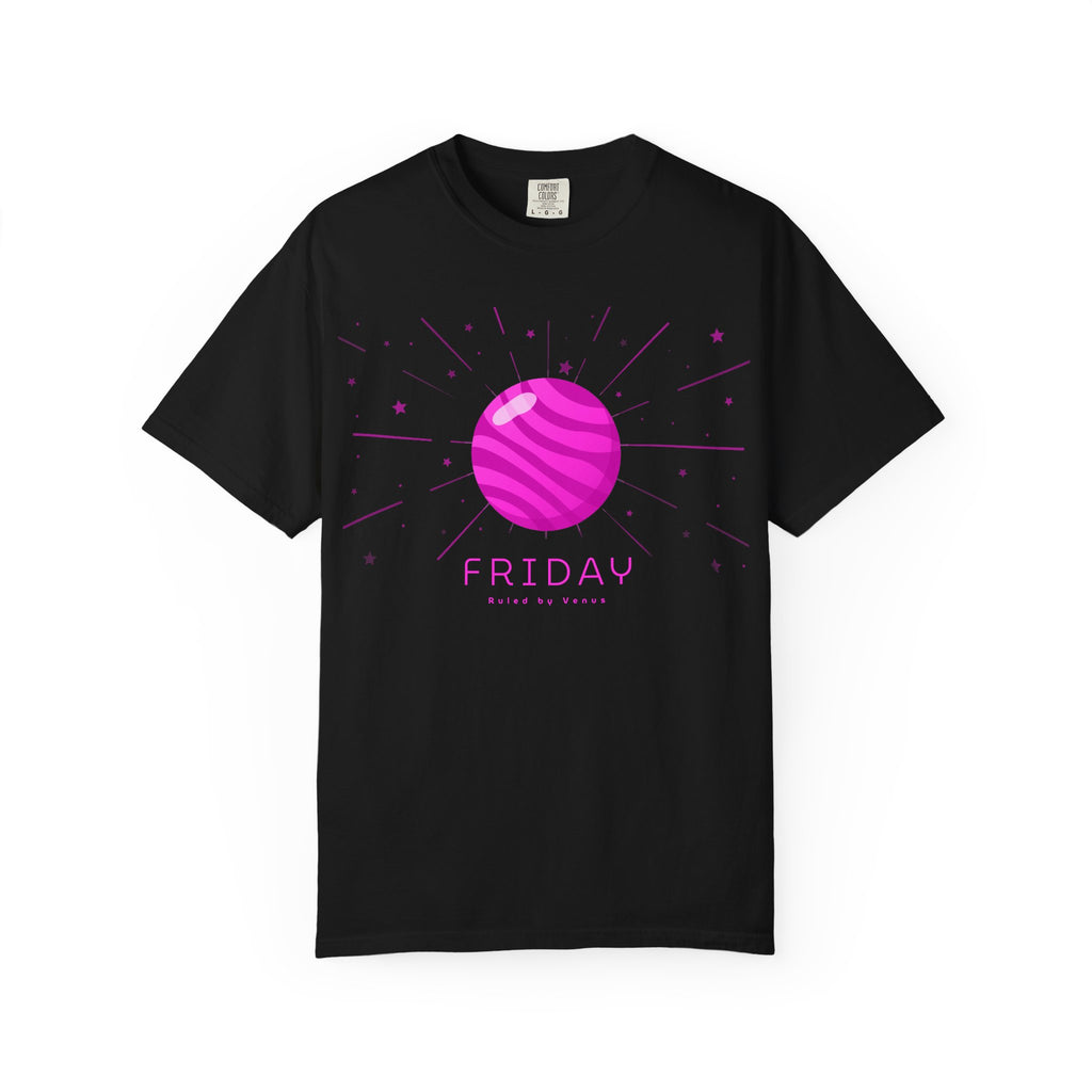 Friday ruled by Venus T-shirt by Printify featuring a celestial Venus design on a comfortable cotton T-shirt.