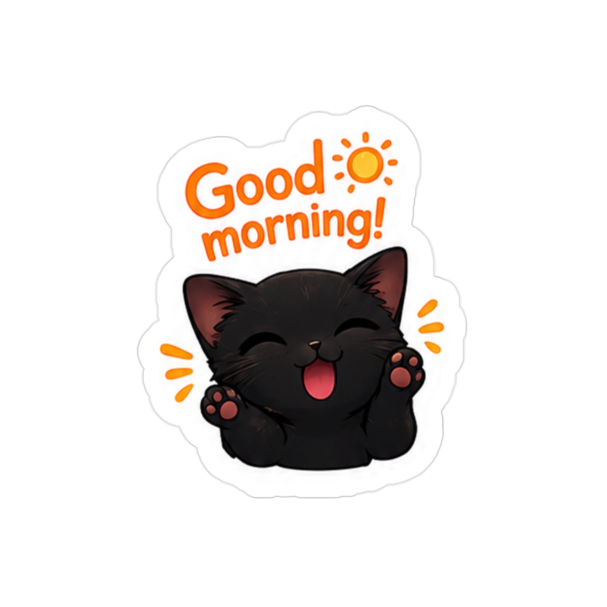 Black kitten die-cut outdoor sticker from Printify featuring a cute morning-themed design on paper product.
