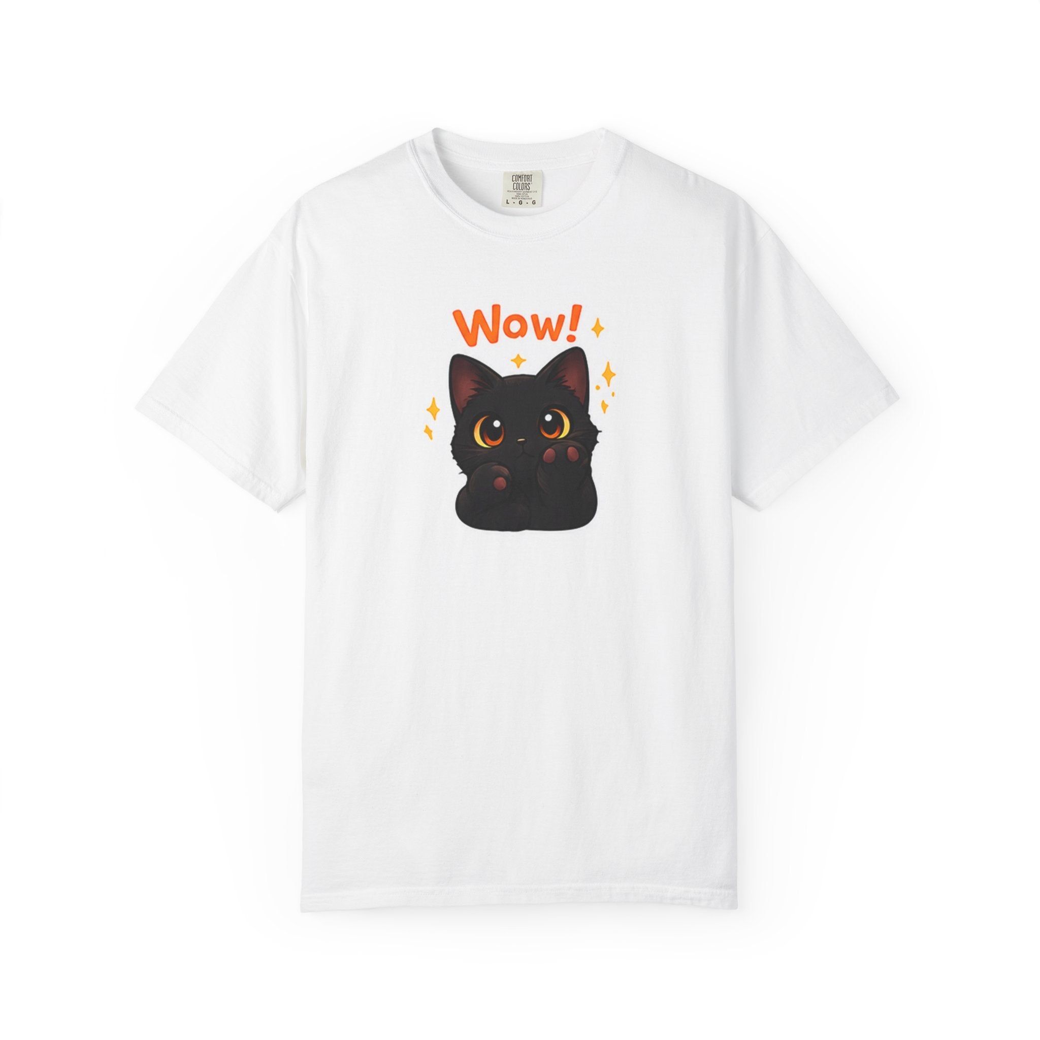 Black cat graphic T-shirt by Printify featuring a cute feline design, perfect for casual wear and cat lovers.
