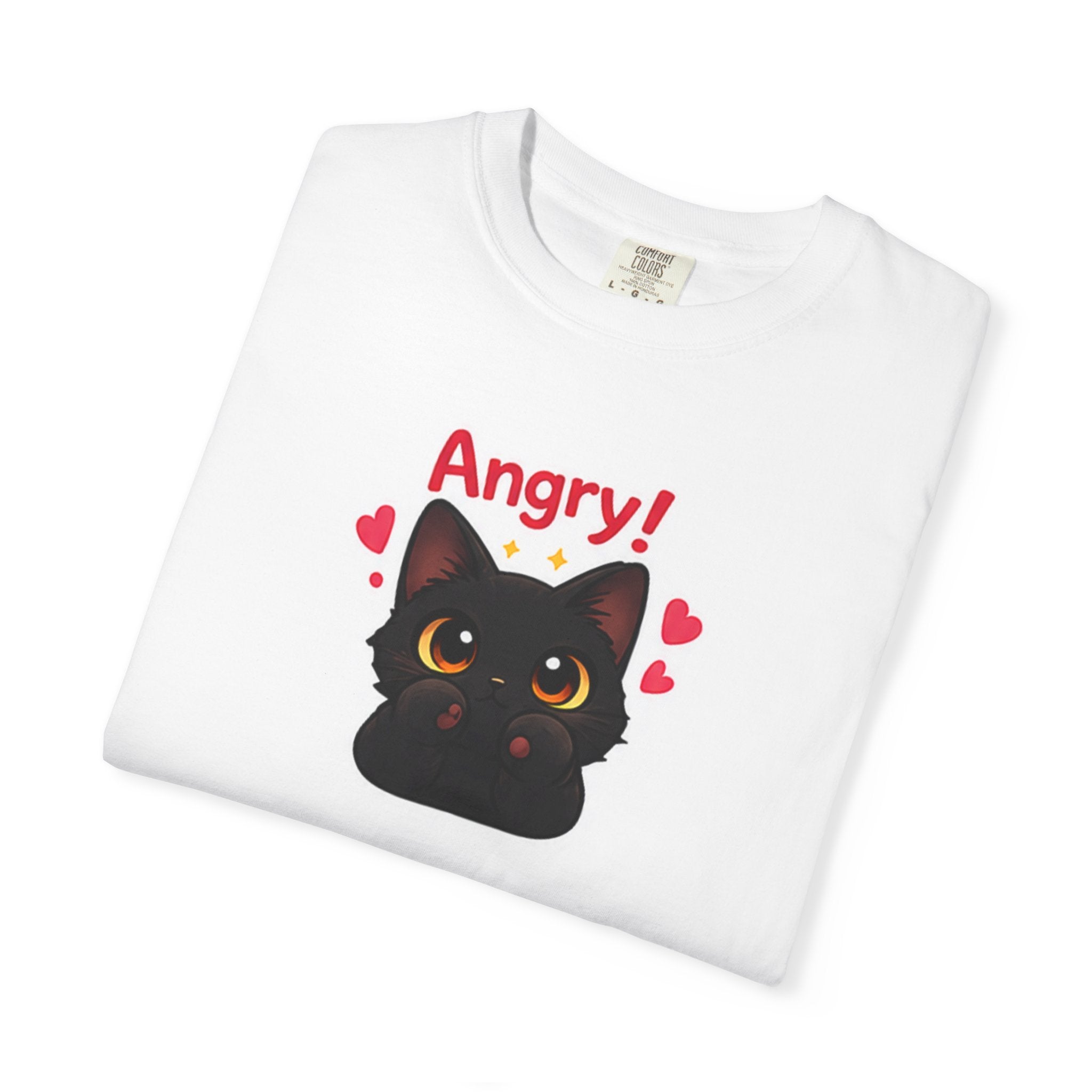 Black T-shirt featuring a bold angry black cat graphic, designed by Printify, with a casual fit and short sleeves.