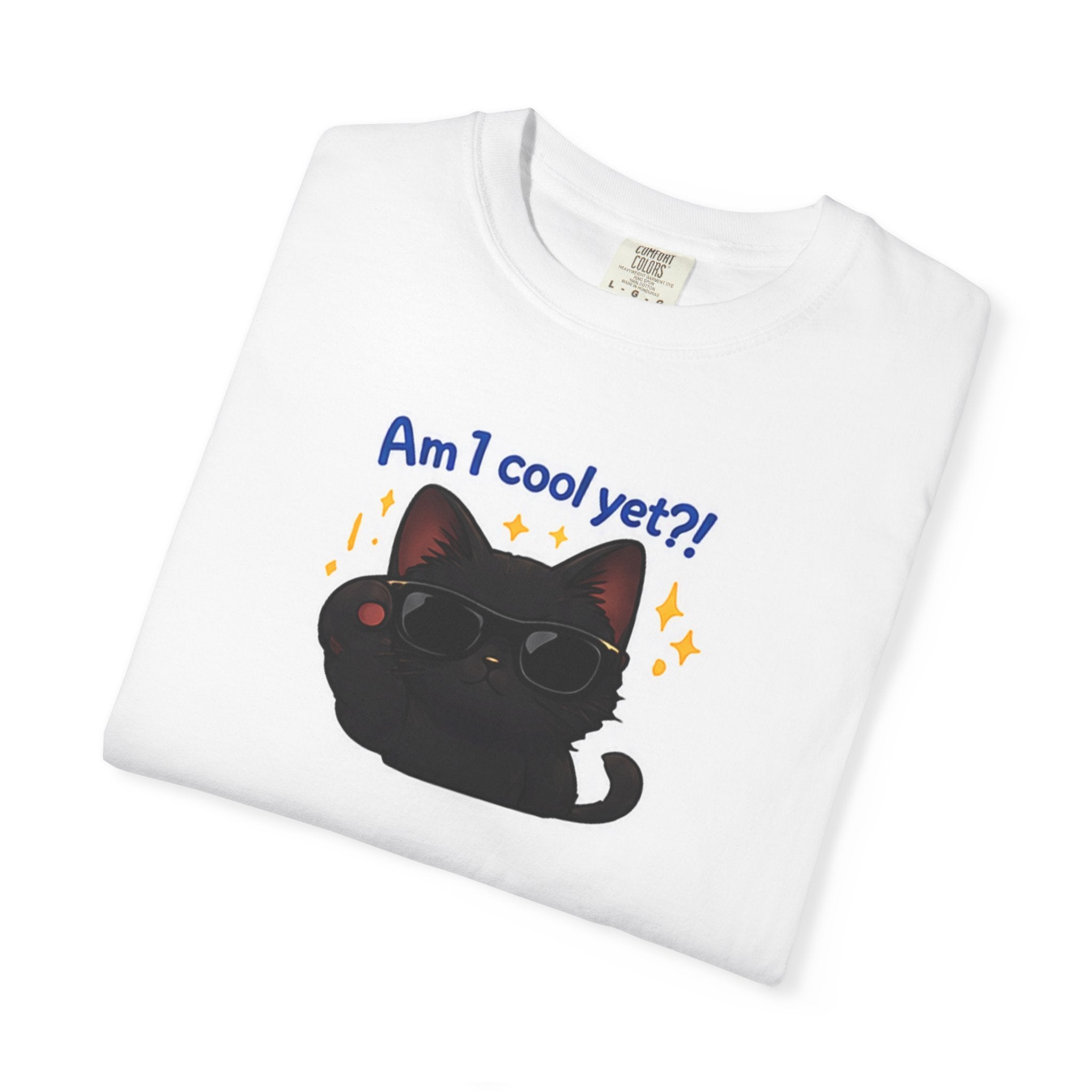 Black cat graphic T-shirt from Printify featuring the phrase "Am I Cool Yet?" on a casual black cotton tee.
