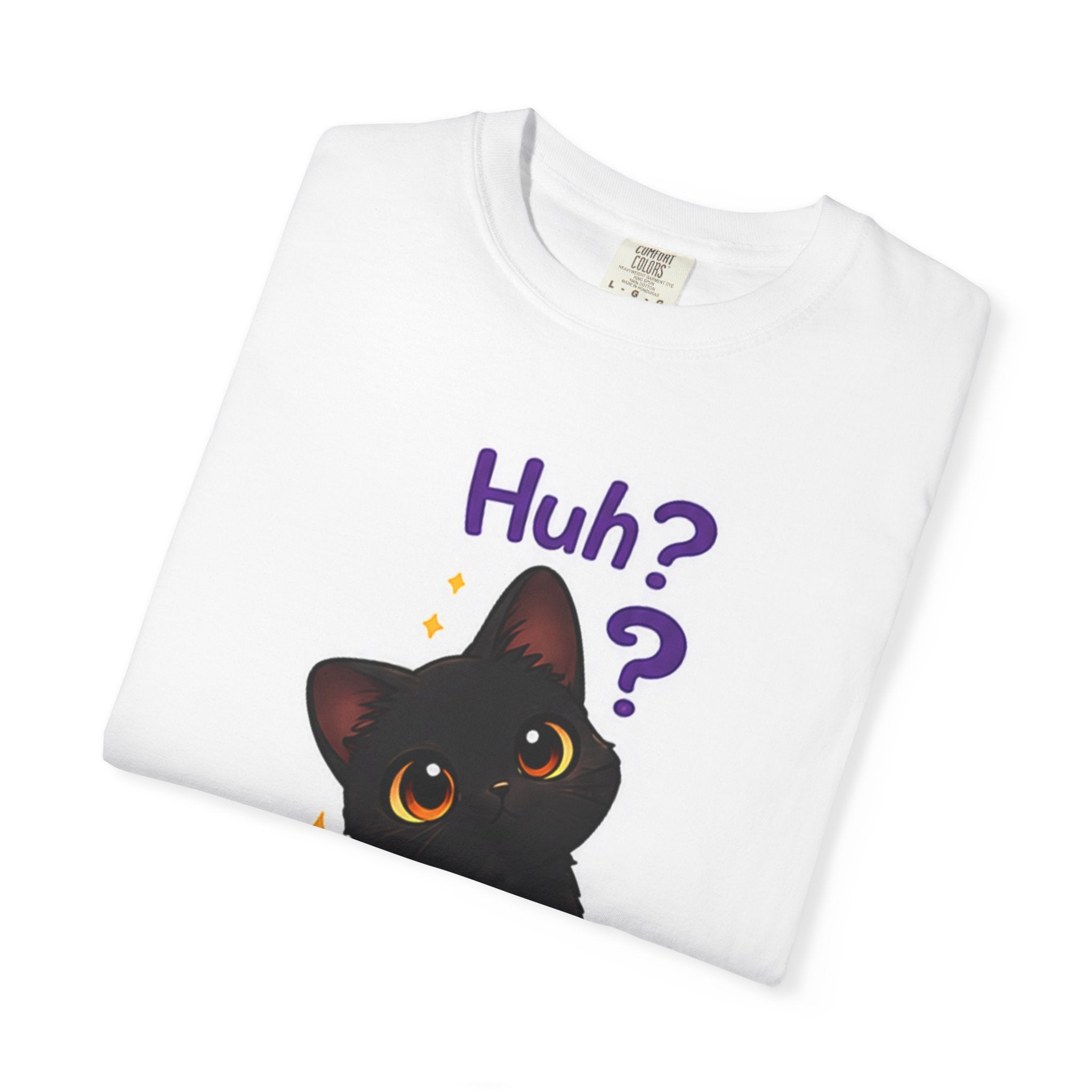Black cat T-shirt by Printify featuring a cute cat design on a black fabric background.