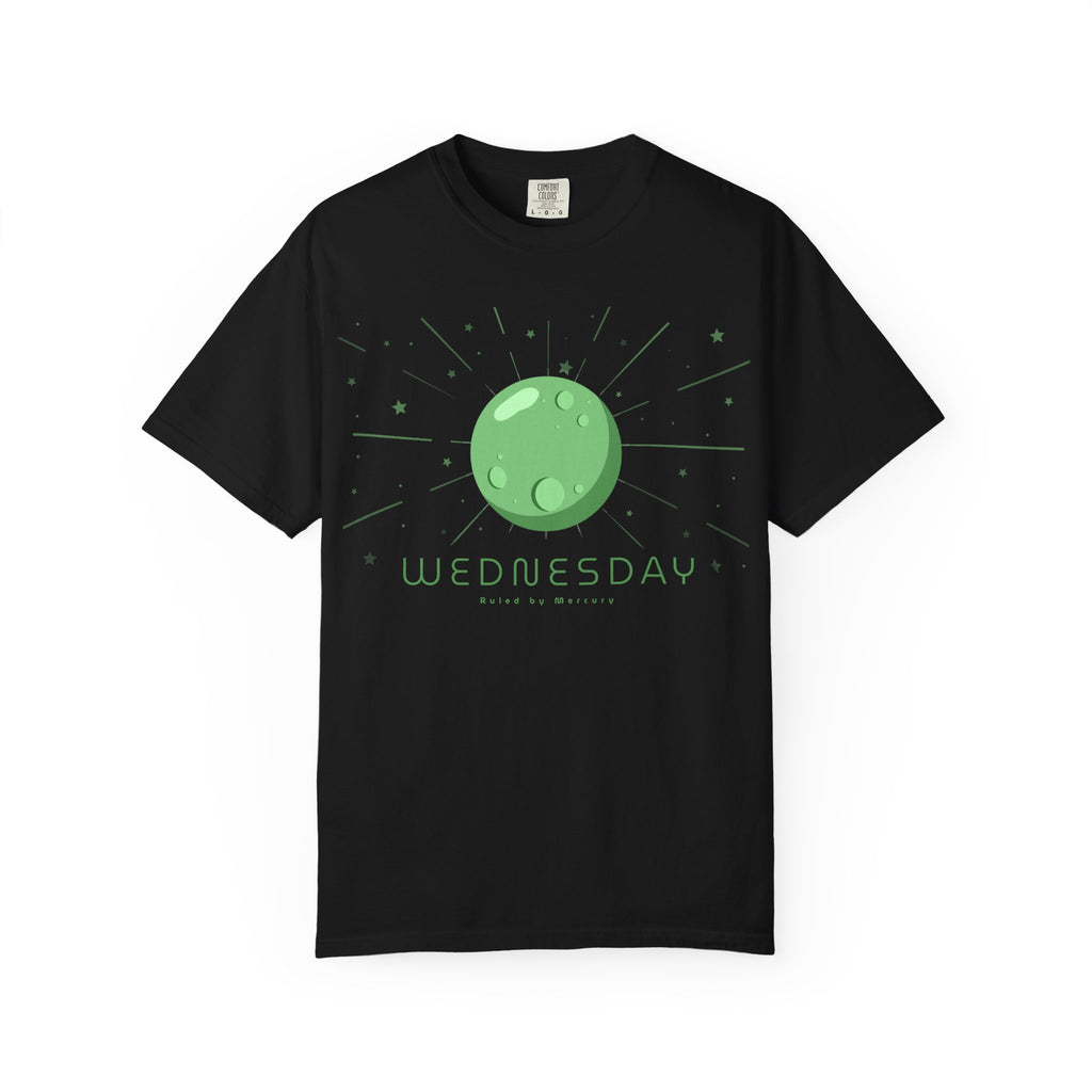 Wednesday ruled by Mercury T-shirt from Printify featuring a stylish graphic design on a casual cotton T-shirt.