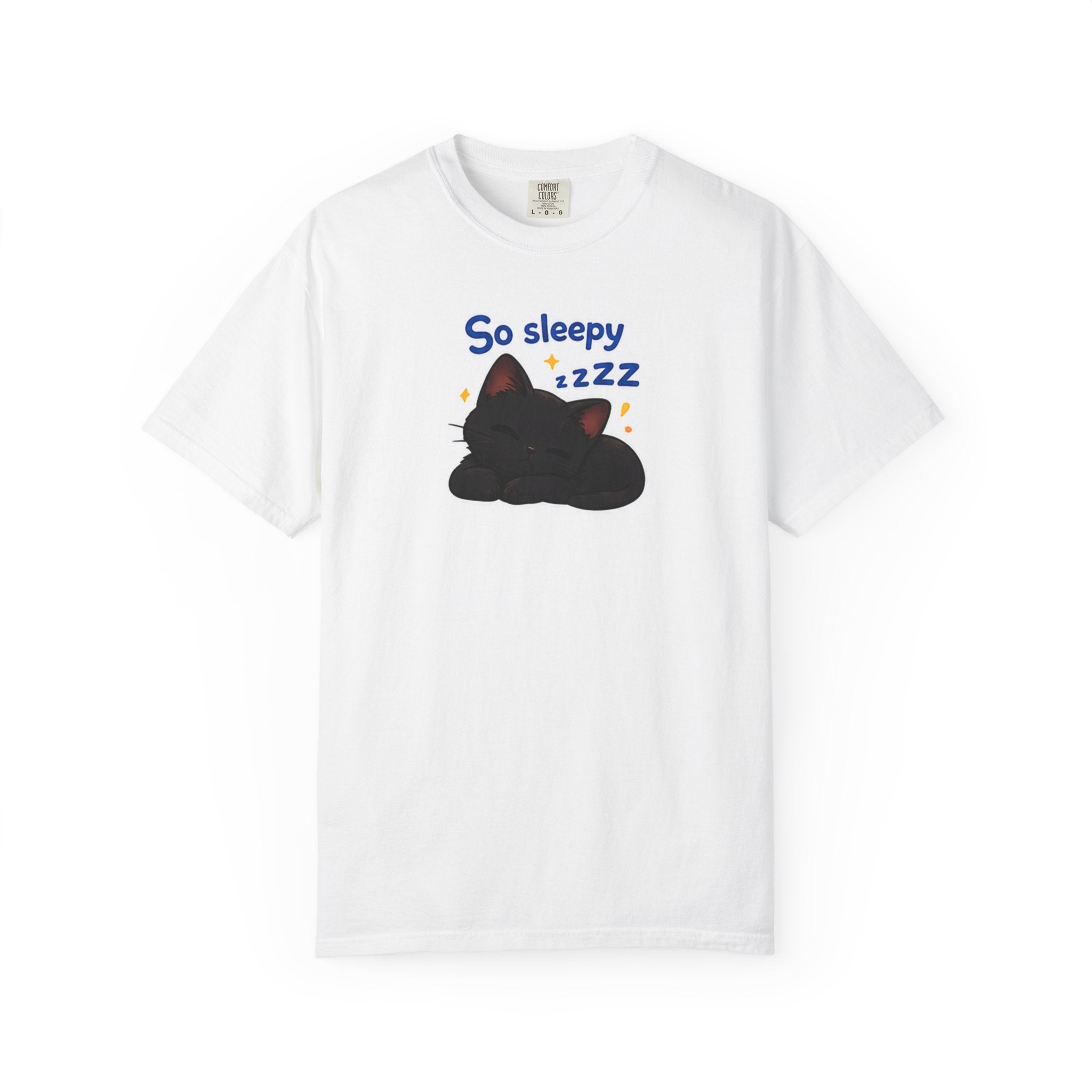 Black cat T-shirt by Printify featuring a cozy So Sleepy design, shown on a soft fabric T-shirt.