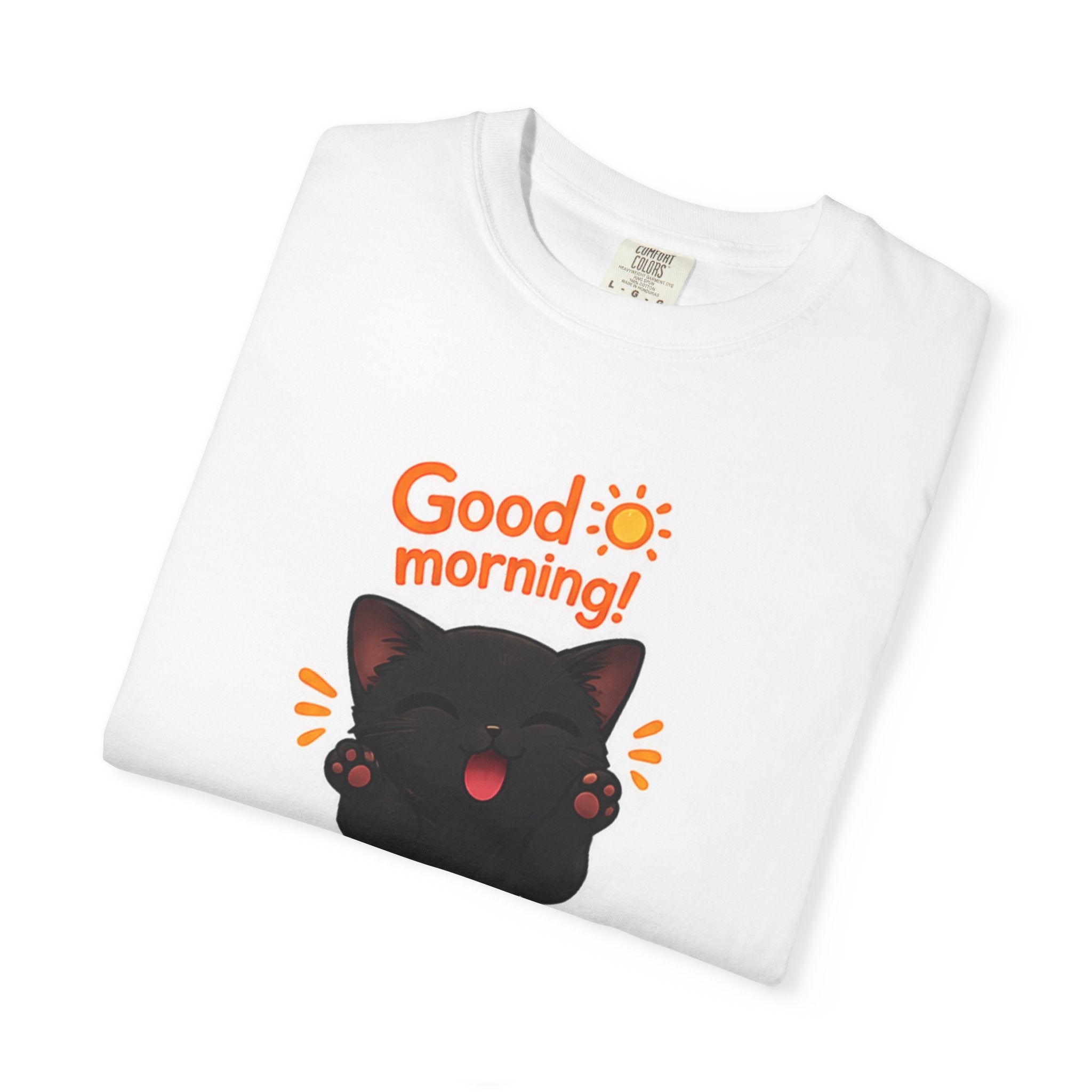 Black cat T-shirt featuring a cute "Good Morning!" design by Printify, made from soft fabric, perfect for casual wear.