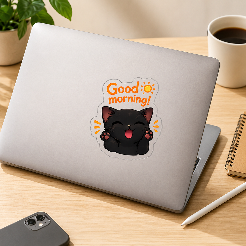 Black kitten outdoor sticker featuring a cute die-cut design, perfect for decorating outdoor surfaces. Printed by Printify.