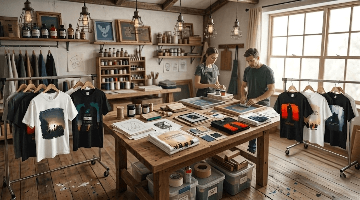 Two people in a workshop or studio with various items on a large wooden table and clothing on racks.